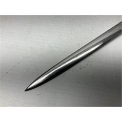 Early 20th century British Army Officer’s leather covered swagger / sword stick by Swaine & Adeney of 185 Piccadilly London; 34.5cm double edged spear point blade with etched foliate decoration and retailer’s details; stamped 'Forged in London' to the edge of the ricasso; L59.5cm overall