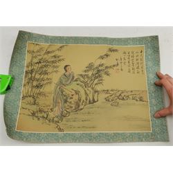 After Claude Lorrain (British 1600-1682): Classical Landscapes, 20th century prints; Japanese School (20th century): Pair woodblock prints; Chinese School (20th century): Seated Lady, painting on silk mounted onto paper, max 29cm x 40cm (5)