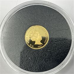 Queen Elizabeth II Tristan da Cunha 2021 '50th Anniversary of Decimalisation' 1 gram fine 24 carat gold proof half penny coin and Alderney 2022 'Platinum Jubilee' 0.5 gram 999.5/1000 platinum proof five pound coin, both with certificate