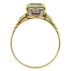 18ct gold three stone emerald cut pale green beryl and marquise shaped diamond ring, Sheffield 1995