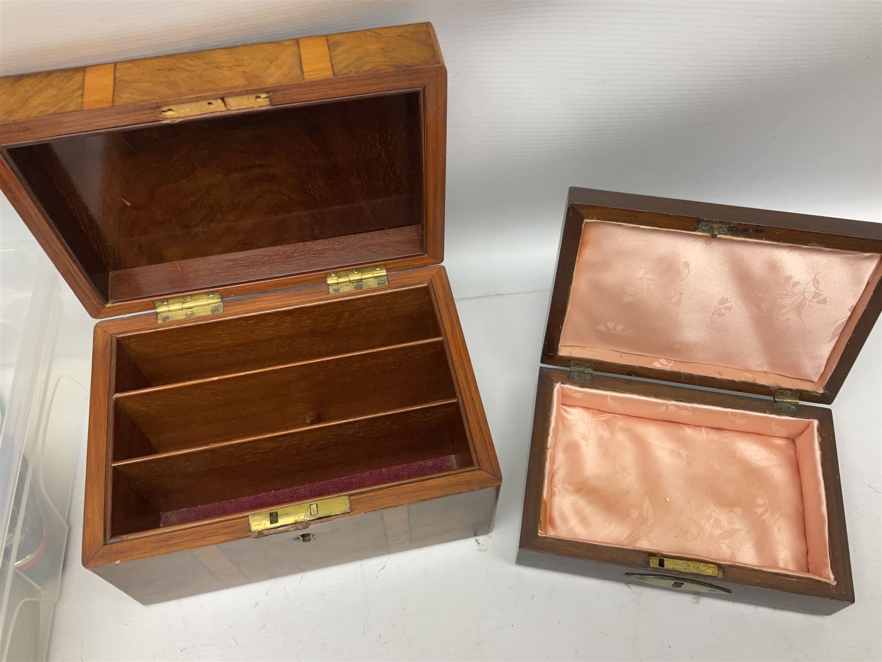 Wedgwood Jasperware to include lilac trinket box with original box, light blue vases, trinket dishes, boxes etc, together with a walnut box, coins and other collectables 