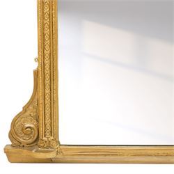 Large Victorian giltwood and gesso pier mirror, plain rectangular mirror plate enclosed by moulded frame with egg-and-dart cornice, foliate frieze and classical caryatid uprights, the lower corners decorated with scrolling acanthus, on shaped plinth base
