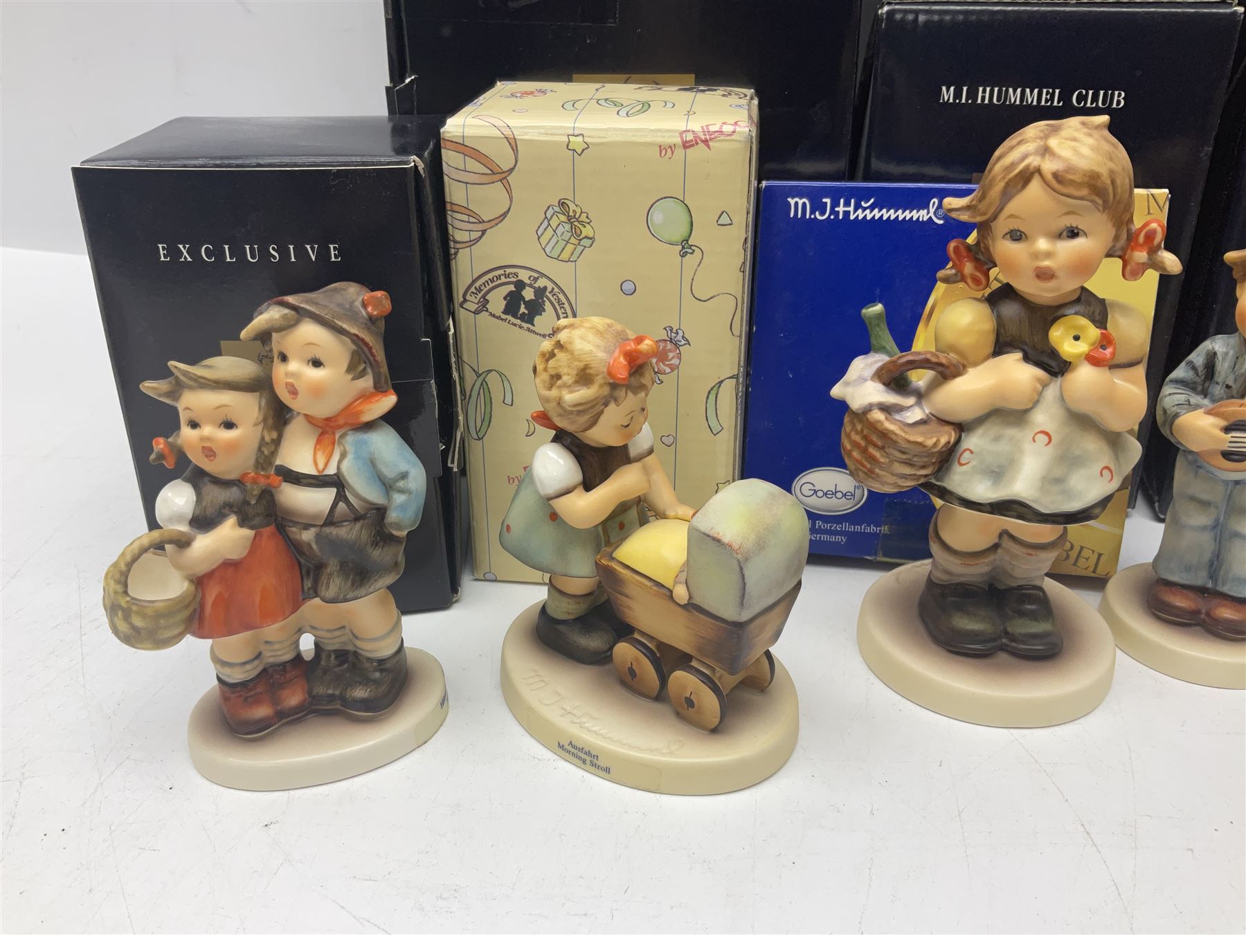 Ten Goebel Hummel figures, to include Morning Stroll, Apple Tree Girl, I brought you a gift, etc together with Enesco Mabel Lucie Atwell figure, ten with original boxes 