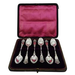 Early 20th century set of six silver Albany type pattern teaspoons, hallmarked Robert Pringle & Sons, Sheffield 1903, contained within a fitted case, together with four 1930's silver rat tail teaspoons, hallmarked Walker & Hall, Sheffield 1937, pair of Victorian silver sugar tongs, 1940's silver teaspoon, Edwardian silver condiment spoon, and 1970's silver napkin ring, approximate total weight 8.23 ozt (256 grams)