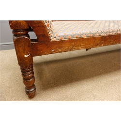  19th century oak and beech panelled back settle, upholstered seat and arms, turned supports, W192cm, H109cm, D59cm  