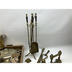 Quantity of brass fireside accessories, and small group of assorted metalware, to include silver plated tureen and cover, brass watering can, etc., in two boxes 