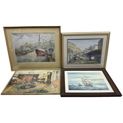 Two watercolours of Whitby and Staithes, JC Austin 'Home Again' maritime watercolour, and an interior scene watercolour (4)