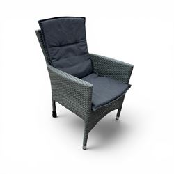 Jutlandia - Rattan garden furniture set with cushions, corner sofa, rectangular glass top table, side table, and two armchairs