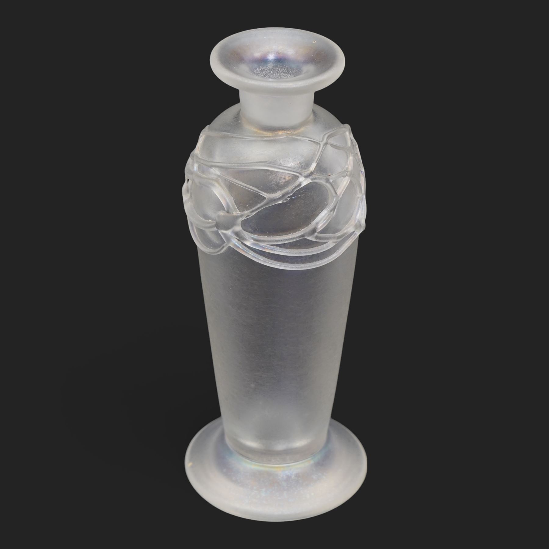 David Wallace iridescent glass vase, H14cm, French Sevres glass vase, Caithness 'Star Flower' paperweight, Crummles enamel label holder and a Stuart crystal ashtray (5)