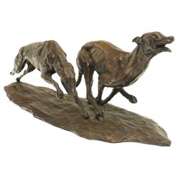 Tessa Pullan (British 1953-): 'Racing Greyhounds', patinated bronze figure, incised with monogram 'TP' and numbered 5/9, with Livingstone Art Founders stamp, W52cm