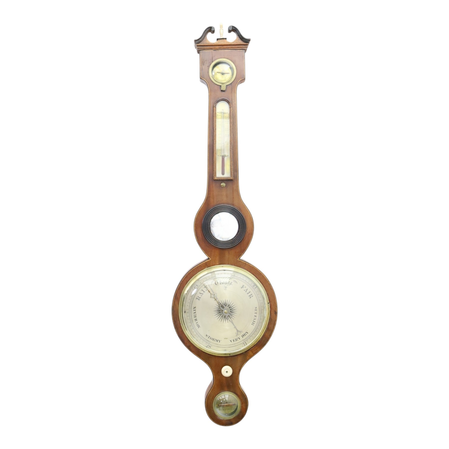 Jerome Vassalli of Scarborough - 19th century mahogany wheel barometer, the swan neck pediment above a hygrometer, thermometer, convex mirror and silvered barometer dial, with spirit level below, H  7cm