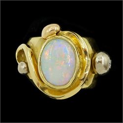 18ct gold opal and diamond ring, oval cut opal, in a swirl setting, with a single stone ro...