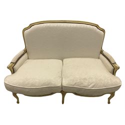 French style two seat sofa, cream painted frame with white foliate patterned fabric