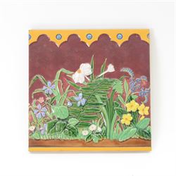Late 19th Century Minton Hollins & Co press tile, relief moulded with a frieze of wildflow...