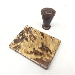  Carved red agate desk seal of tapered fluted form and a Victorian Tortoise shell card case L10.5cm (2)   
