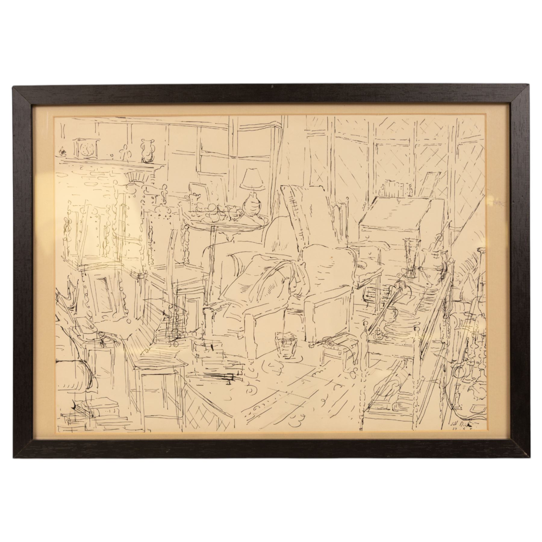 Jill Dickinson (British 20th Century): Interior Scenes, three ink and wash drawings, variously signed and dated '50, 26cm x 36cm (3)