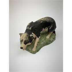 A Border Fine Arts model of a Border Collie, by Elizabeth Waugh, a Sherratt and Simpson model of a Border Collie, and an Aynsley Master Craft model of a Border Collie, plus two further figures, one modelled as a fox is riding jacket, the other as a dog with shotgun. 