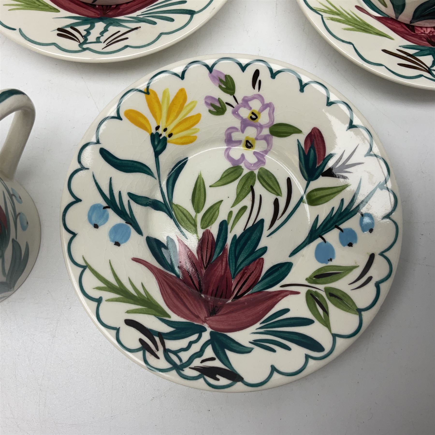 Set of six Midwinter Stylecraft Bella Vista coffee cups and saucers, pattern designed by Jessie Tait