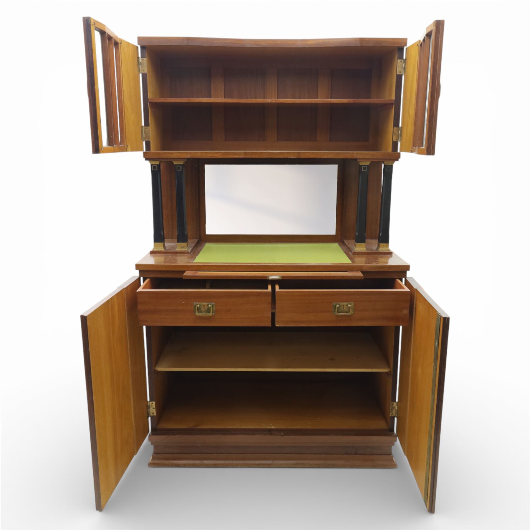 Continental Art Nouveau cocktail cabinet, the stepped cornice over a glazed upper section with panelled doors, enclosing fitted shelf, the central section with mirrored back and green baize serving surface flanked by ebonised and gilt detailed pilasters, the base fitted with cupboard doors inlaid with stylised foliate and geometric motifs, on a plinth base