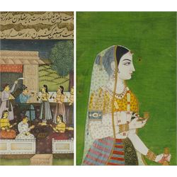 North Indian School (19th century and later): A lady Holding Vessels and a Courtly Interio...