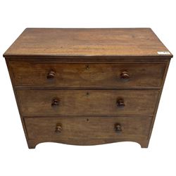 19th century mahogany chest, rectangular reed moulded top over three cock-beaded drawers, on bracket feet 