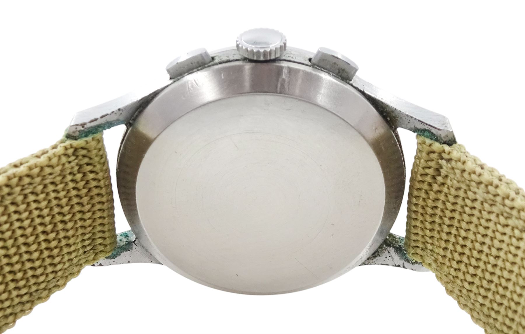 Sekonda Strela gentleman's stainless steel and chrome plated manual wind chronograph wristwatch, Cal. 3017, black dial with baton hour markers, subsidiary dials at 3 and 9 for seconds and 45 minute recording, tachymeter and telemeter scales, on fabric strap