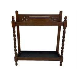 Early 20th century oak hallstand, central glove compartment, on barley twist supports