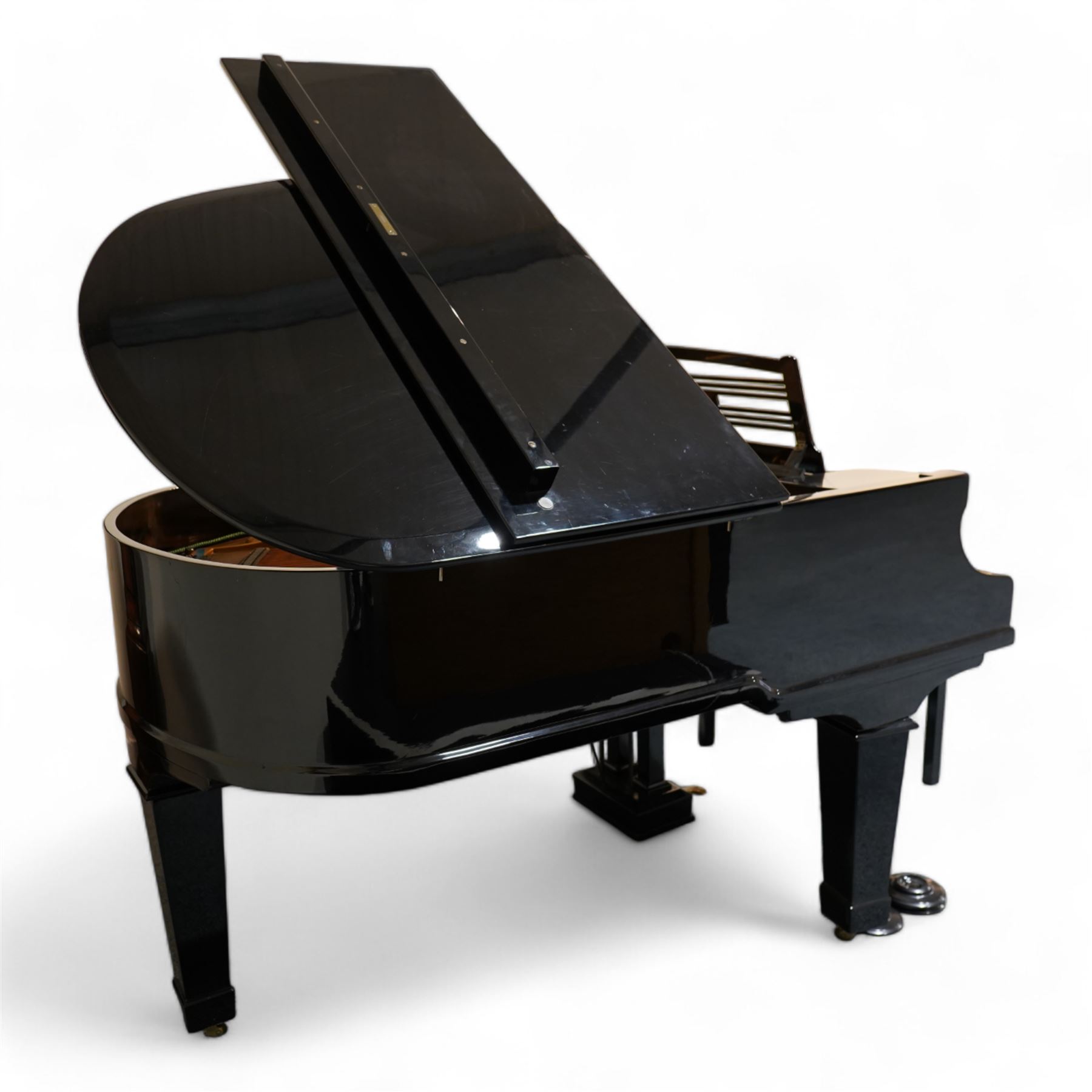 Feurich of Leipzig - German overstrung medium grand piano in a black lacquered case, with a seven octave M&K of Leipzig roller action keyboard, original strings and tuning pins, new hammer heads and dampers, with sostenuto and sustain pedals, adjustable music desk and matching adjustable stool.