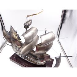 Modern silver limited edition model of The Mary Rose, depicting the ship in full sail, with gilded details, hallmarked Ammonite Ltd, Birmingham 1982, model height 32cm, mounted upon rectangular wooden plinth with applied silver name plaque, no. 9/250, overall H36.5cm