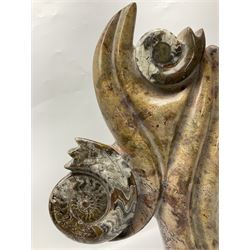 Goniatite sculpture, displaying two Goniatites within a polished and shaped matrix, age; Devonian period, H56cm