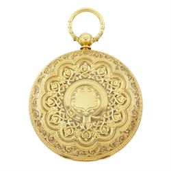 Victorian 18ct gold open face fusee lever pocket watch by E & J Seiger Brothers, Greenock, No. 4315, gilt dial with Roman numeral hour markers and subsidiary seconds dial, case with engraved decoration makers mark JY, London 1872
