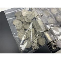 Great British pre-1920 and pre-1947 silver coins, including Queen Victoria 1889 halfcrown, King George V 1914, 1915 and 1916 halfcrowns, various florins etc, housed in a ring binder folder and loose
