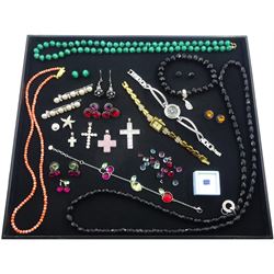 Thomas Sabo black faceted bead necklace and bracelet with silver clasps, three silver stone set cross pendants, Swarovski crystal cherry bracelet, earrings and pendant and a collection of costume jewellery, wristwatches and loose gemstones