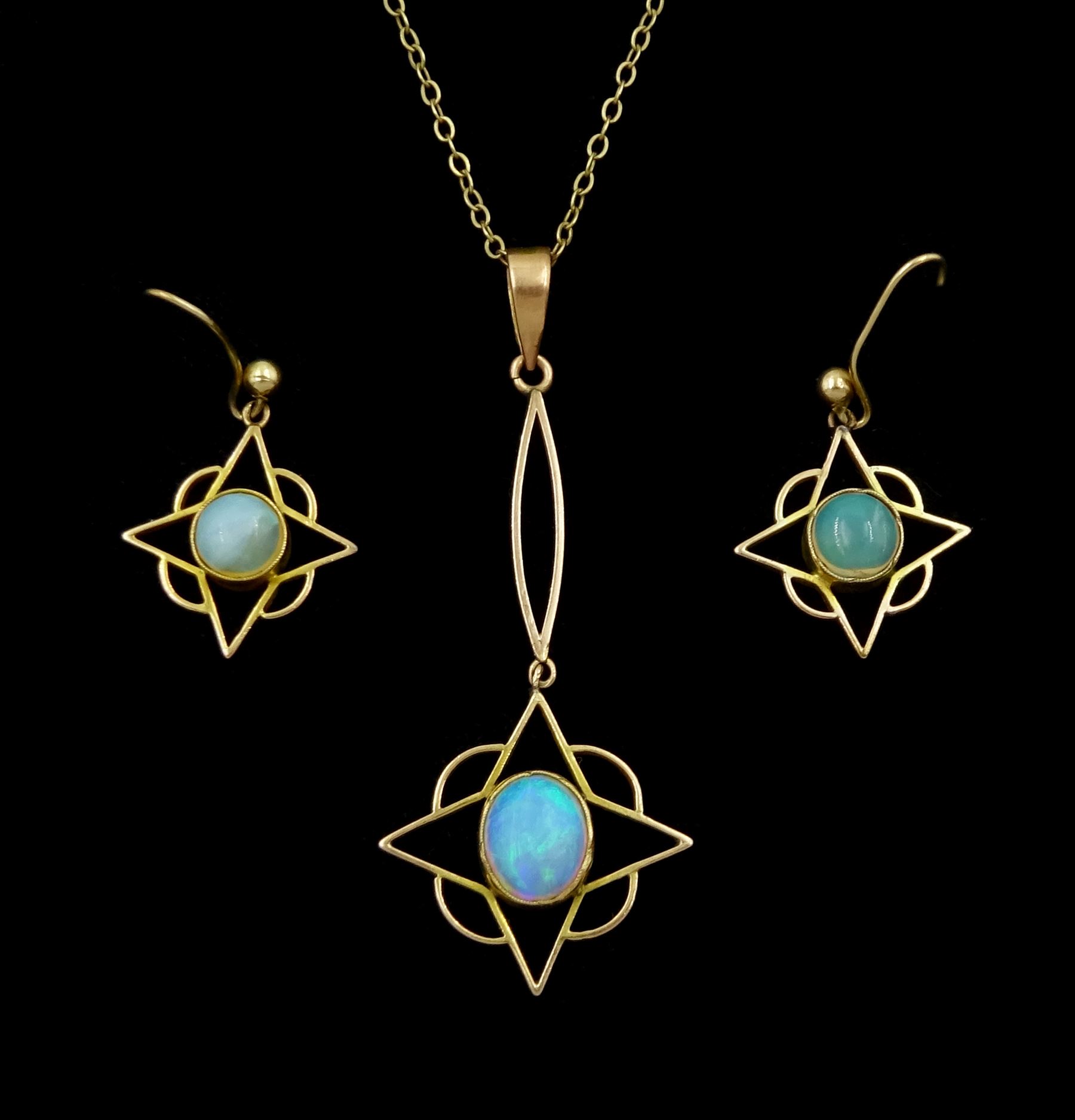 Early 20th century 9ct gold opal pendant, on later gold chain and a pair of matching earrings