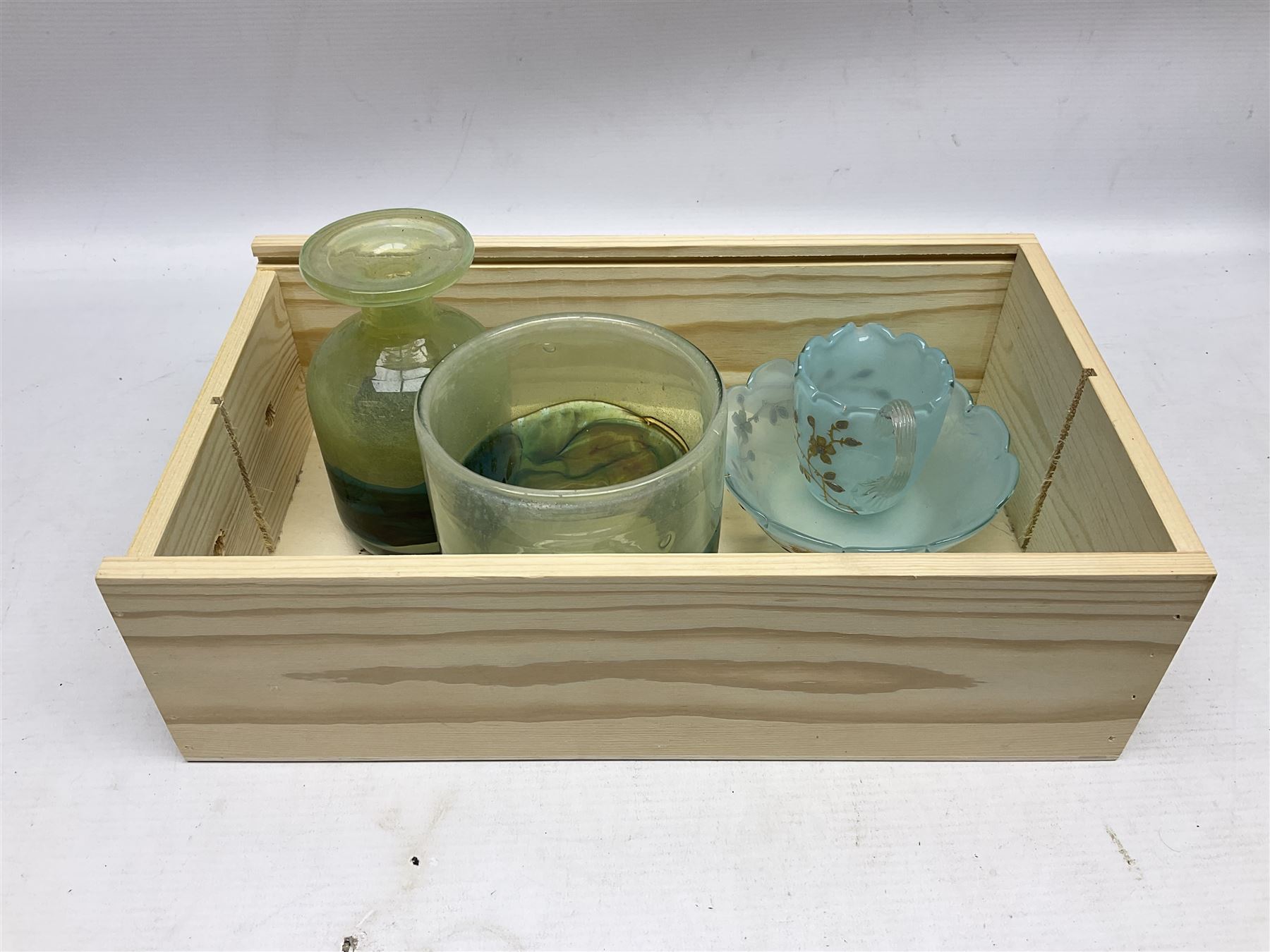 Mdina sea and sand glass vase, of cylindrical form, decorated in green, turquoise and brown, and matching vase, both unmarked together with a glass bowl and jug with gilt decoration 