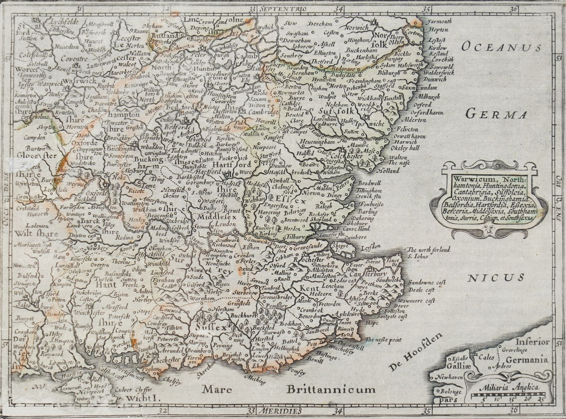 Gerard Mercator (Flemish 1512-1594) and Jodocus Hondius (Flemish 1563-1612): 'Angliae VI. Tabula.', 17th century engraved map with hand-colouring of southern and central England, from the Latin edition of the Atlas c.1630, 17cm x 23cm