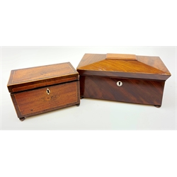  A 19th century mahogany tea caddy, of sarcophagus form and raised upon four bun feet, with inset mother of pearl escutcheon, H18cm L34cm, together with a further 19th century walnut tea caddy, H15cm L23cm.   