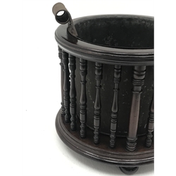  19th century mahogany peat bucket, baluster turned open work circular body with scroll handles on four bun feet, tin liner, H39.5cm, D37cm  
