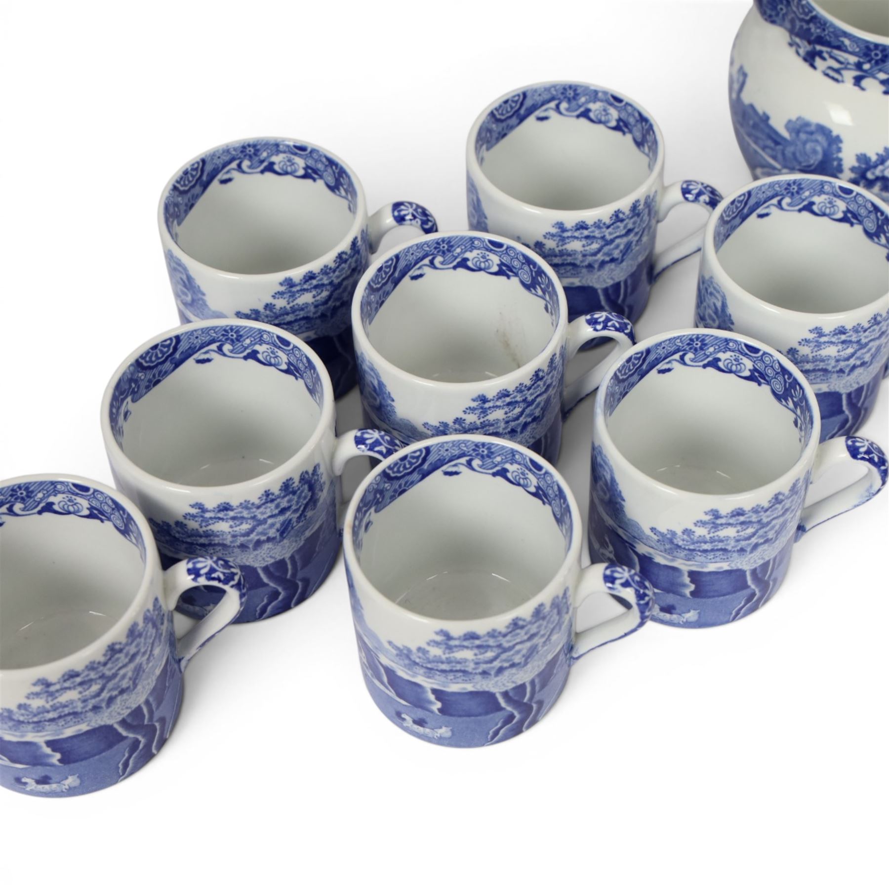 Spode Italian pattern tea and coffer service for eight place settings, comprising teapot, coffee pot, milk jug, cream jug, open sucrier, sandwich plate, cake plate, cake stand, side plates, teacups and saucers, coffee cans and saucers