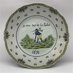 Four French Faience plates, comprising Je suis las de le porter, Le malheur nous reunit, Je desire y arriver and Eveque de Meaux, D24cm  