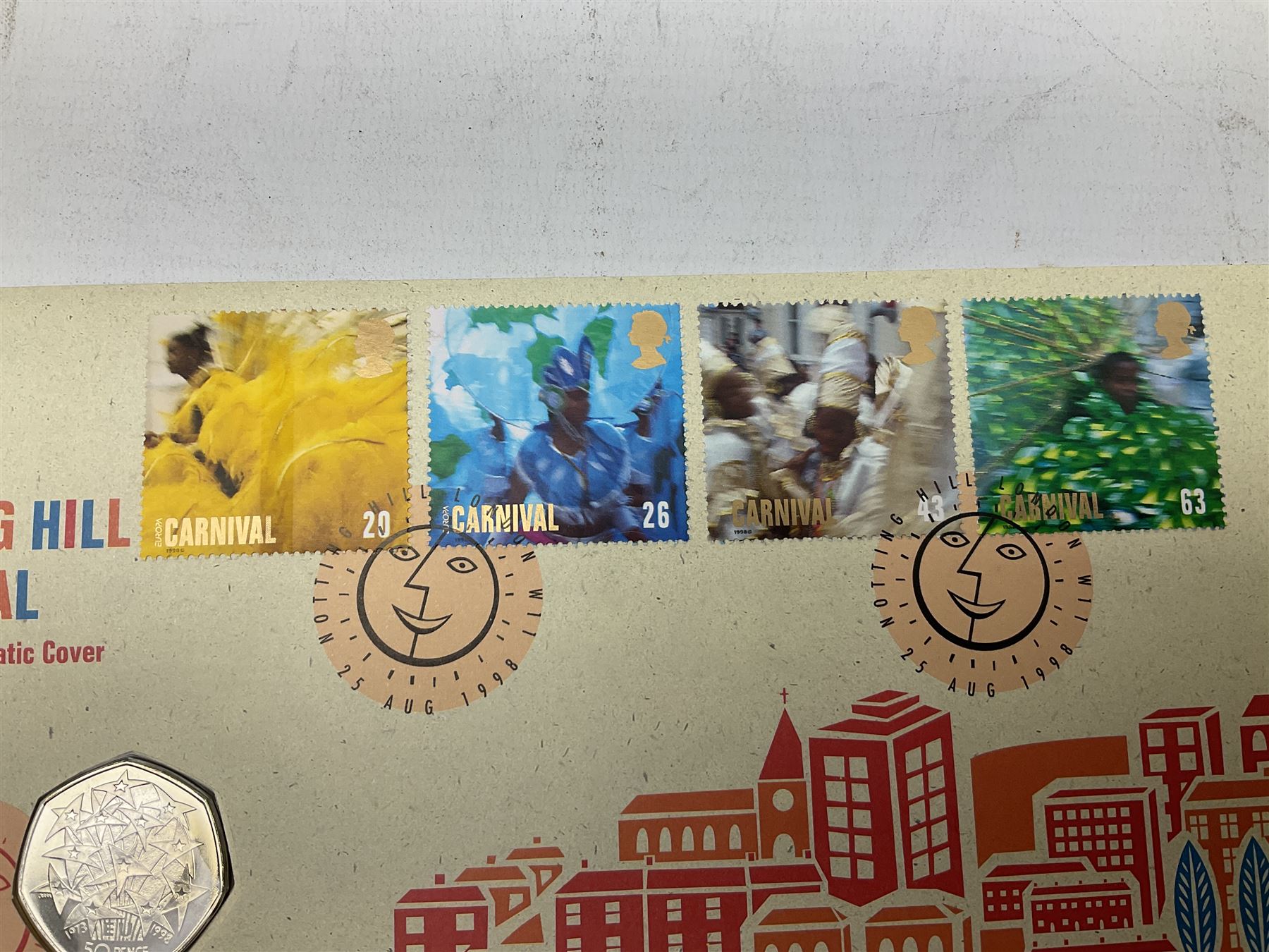 Eight coin covers including, 'Her Majesty Queen Elizabeth II 70th Birthday' containing a 1996 Canadian one ounce silver coin, three coin covers commemorating the 21st Birthday of HRH Prince William each containing a silver coin, '1895 1952 A Tribute to HM King George VI' containing a South Africa 1952 five shilling coin, 'The Notting Hill Carnival' containing a 1998 fifty pence etc (8)