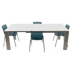  Calligaris gloss white rectangular glass top extending dining table (W221cm, H75cm, D90cm) and set four matching shaped plastic dining chairs (W45cm)  