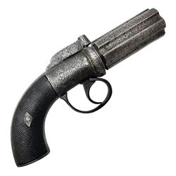 19th century percussion six-shot pepperbox revolver, approximately 32 calibre with 7.5cm barrels, L21cm overall