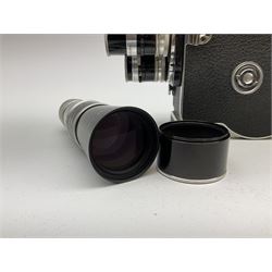 Bolex H8 Reflex 8mm cine camera with handgrip and turret for interchangeable lenses, KERN macro-switar 1:1,4 f=36mm H8 RX lens, KERN macro-switar 1:1,3 f=12,5mm H8 RX lens, KERN macro-switar 1:1,6 f=5,5mm H8 RX lens, KERN MACRO-YVAR 1:3,3 f=150mm lens 
