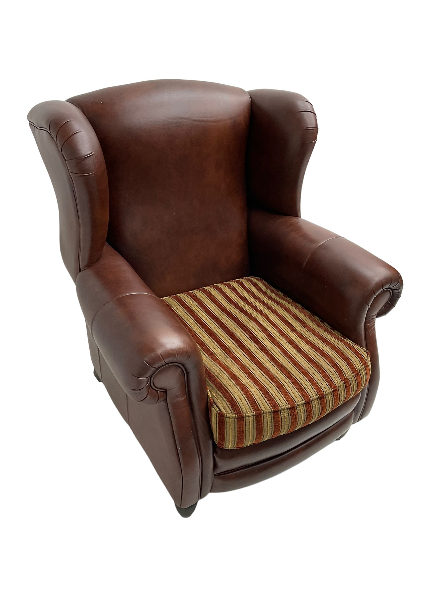 Gainsborough Lounge Suites - three piece leather and fabric lounge suite - pair two seat sofas (W225cm, H82cm, D105cm), and matching armchair (W88cm), on turned front feet with scatter cushions