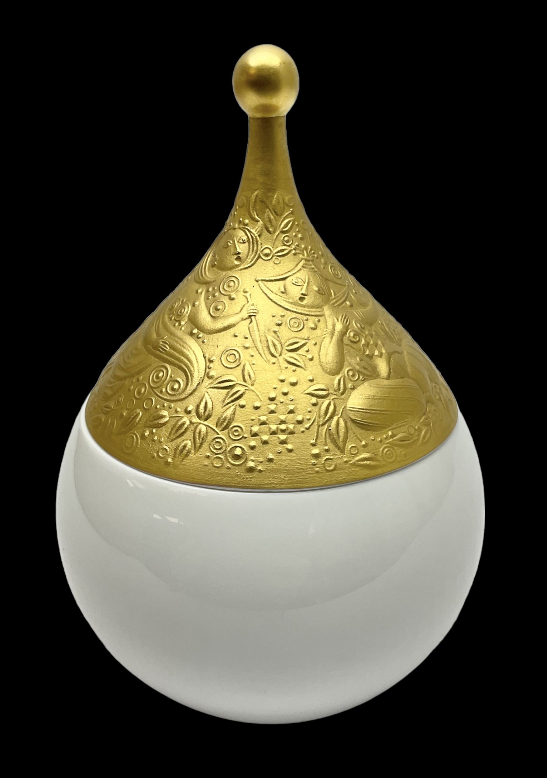 Rosenthal lidded bowl decorated in the Magic Flute pattern, designed by Bjorn Wiinblad, with gilt factory marks and signature to base, H20cm