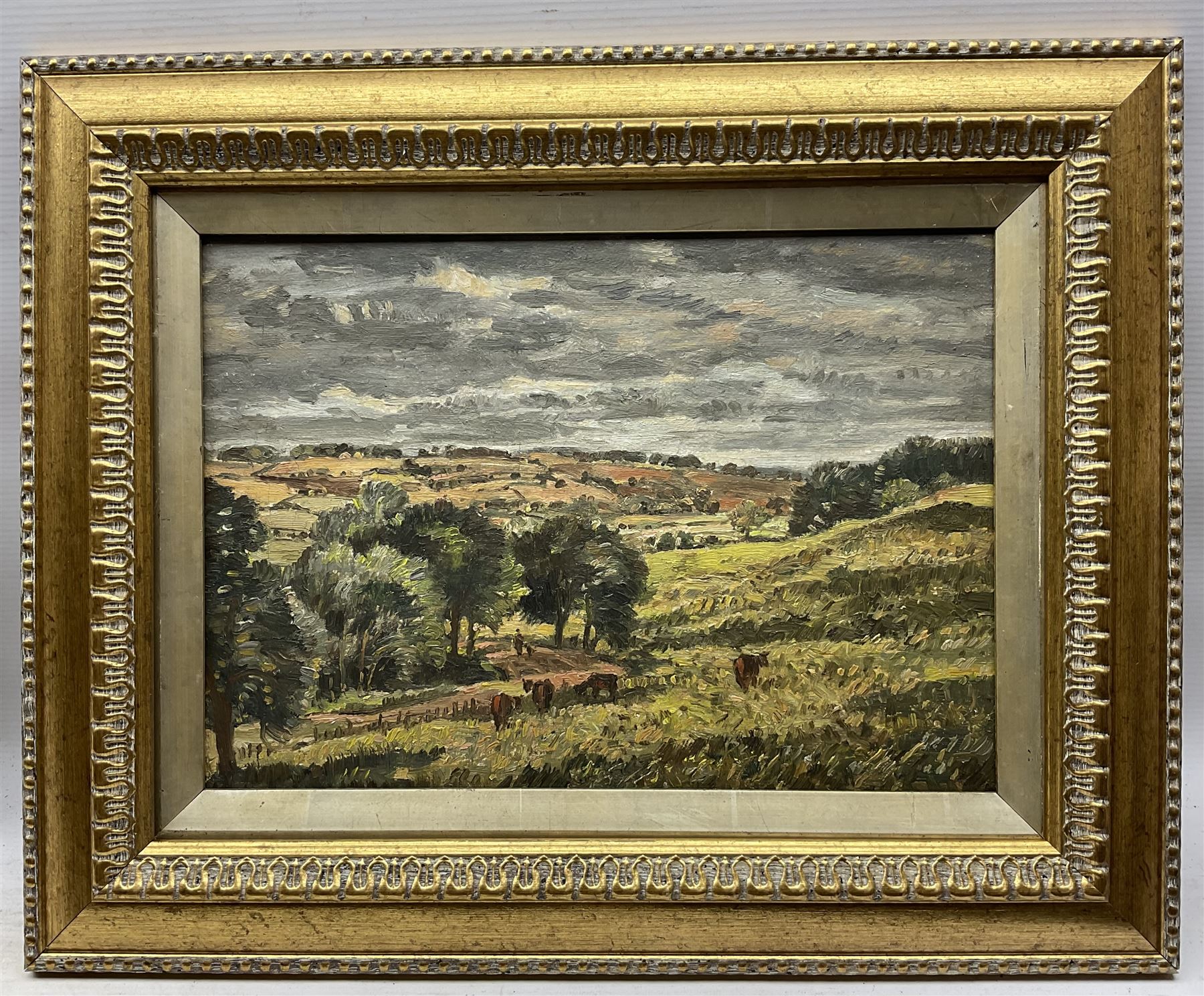 George Graham (British 1881-1941): Cows Grazing near Rye, oil on canvas unsigned, attributed and indistinctly titled verso 24cm x 34cm 