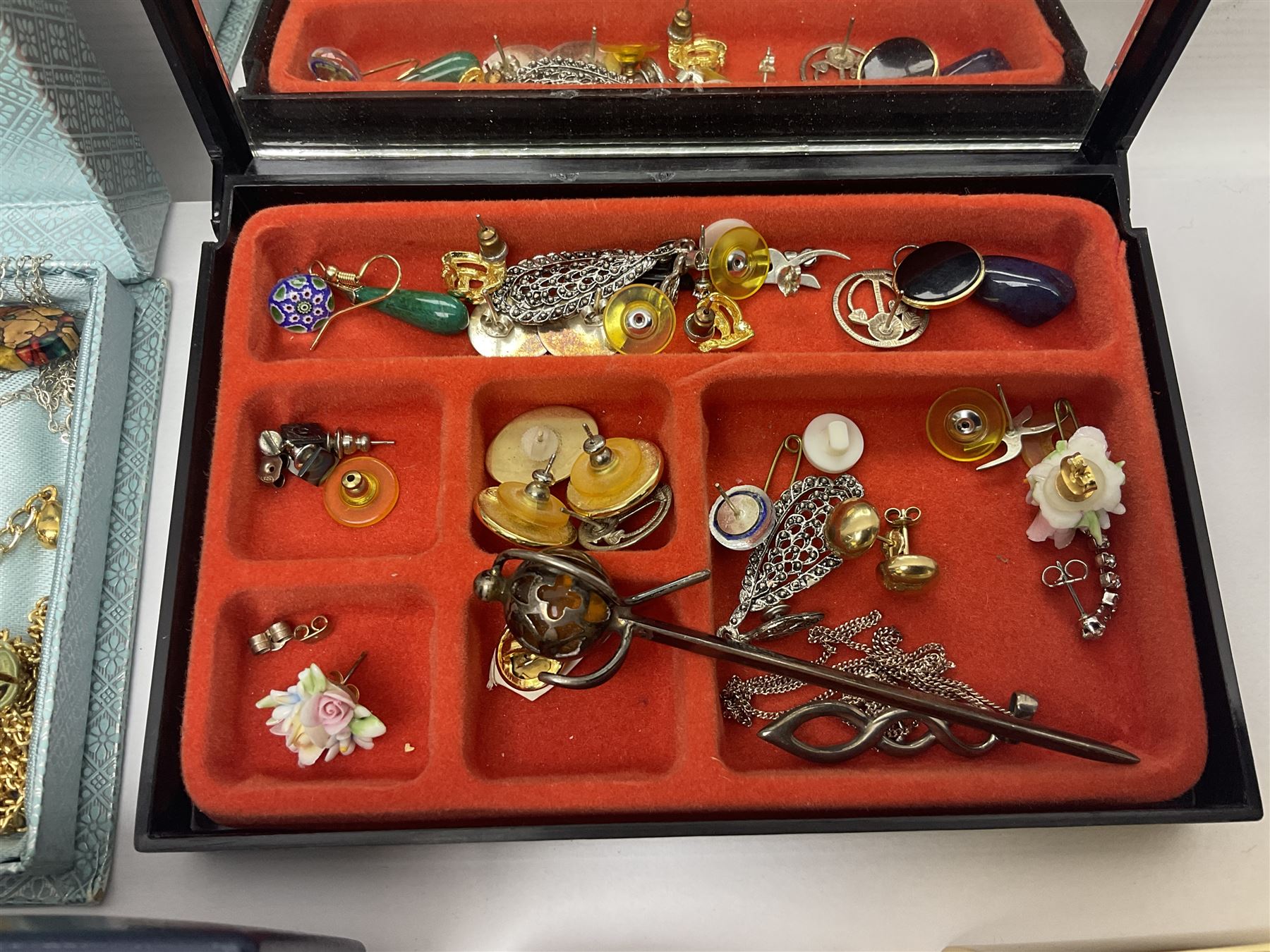 Scottish silver Ola Gorie arctic tern brooch and a matching pair of earrings, 9ct gold stud earrings, collection of costume jewellery, three wristwatches including Ingersoll and Rotary, a Freeman's Alright pocket watch and a continental silver fob watch stamped 935