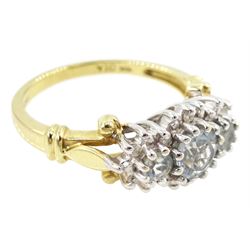 9ct gold aquamarine and diamond cluster ring, three round cut aquamarines, with diamond chip surround and scroll design shoulders, hallmarked