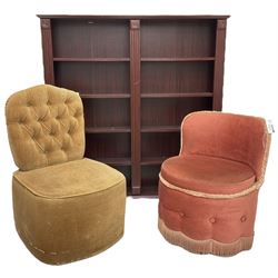 Early 20th century pink upholstered bedroom chair; early 20th century buttoned grey upholstered bedroom chair; open bookcase (W116cm, H116cm, D19cm) (3)